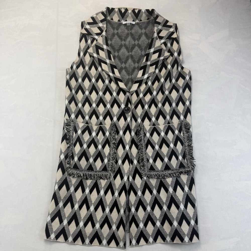 Sioni Women's Medium Long Knit Vest Black Cream Geometric Fringe Pocket Cardigan